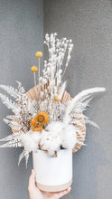 Load image into Gallery viewer, Yellow dried floral arrangement with cotton and dried paper daisies. Airlie