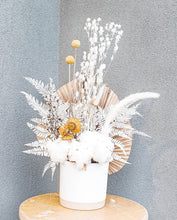 Load image into Gallery viewer, Yellow dried floral arrangement with cotton and dried paper daisies. Airlie