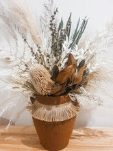 Load image into Gallery viewer, Space comet vase and native dried floral arrangement in rust burnt colours/