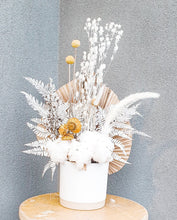 Load image into Gallery viewer, Yellow dried floral arrangement with cotton and dried paper daisies. Airlie
