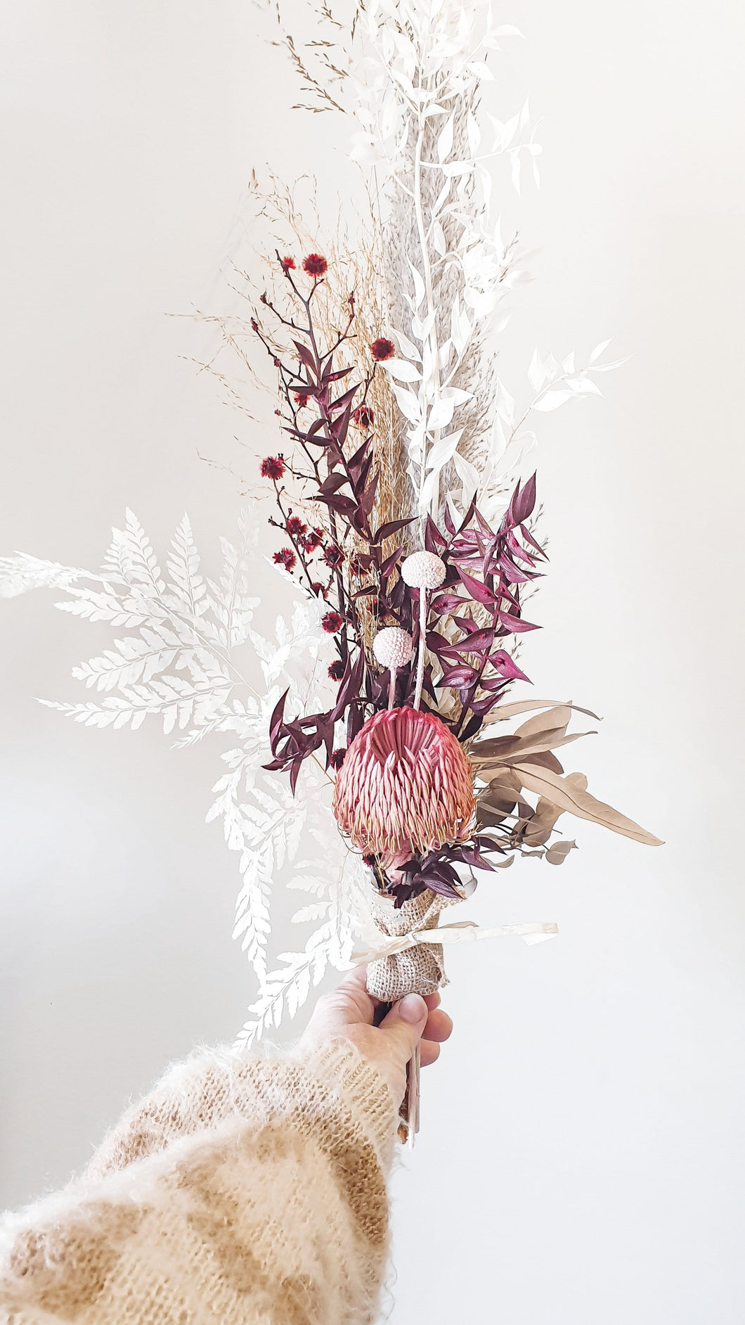 Deep wine coloured dried floral arrangement- cosy cabin.