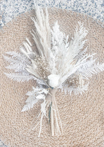 White pampas and preserved florals with a preserved rose Snow flake.