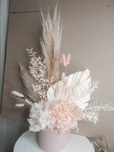 Dried blush and white potted arrangement-Holiday home/ pink