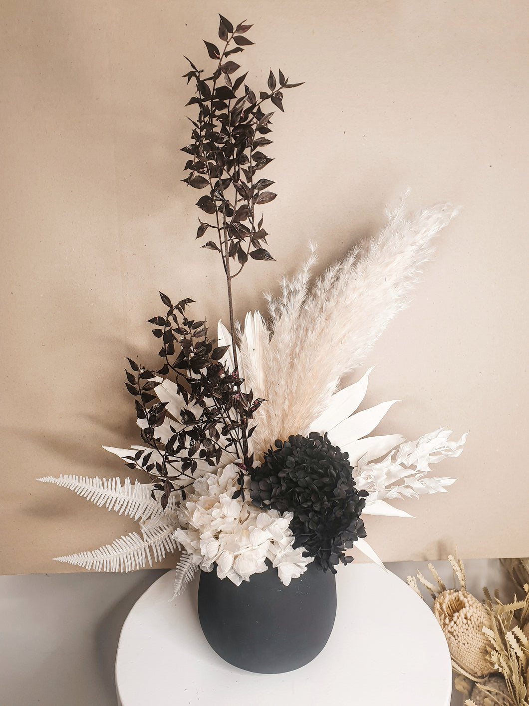 Monochrome modern dried floral arrangement- Black and white/ cream