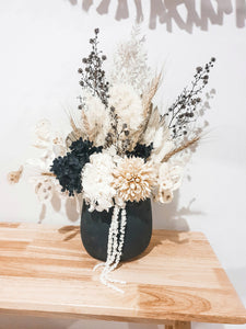Large black and white style potted everlasting arrangement- Midnight wanderer.