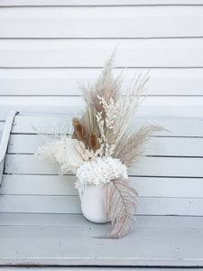 Farmhouse inspired white and natural dried floral arrangement- famhouse.