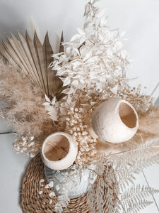 Centrepiece White fluffy floral arrangement- double sided coastal drive pot