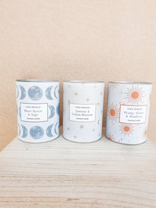 Universe scented candle shore breeze and sage.