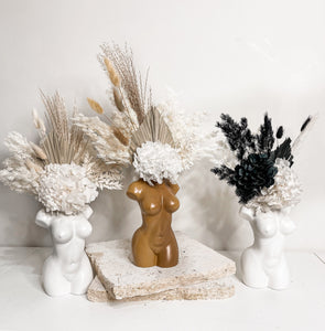 body vase and fluffy arrangement- femme- white-white.