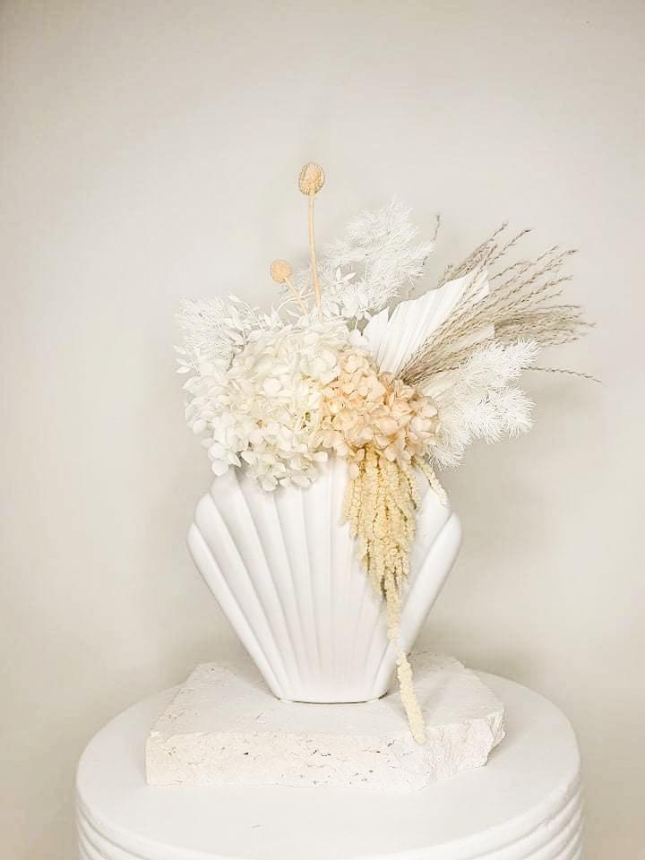 Shell vase with peachy coastal dried florals- florashell