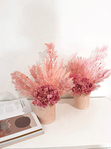 Little bedside table dried floral arrangement in a pot- Pink champagne.