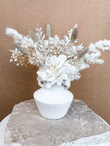 Small white vase and natural dried floral arrangement- twinkle.