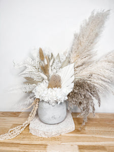 Beachy fluffy floral dried potted arrangement- White-home bunch.